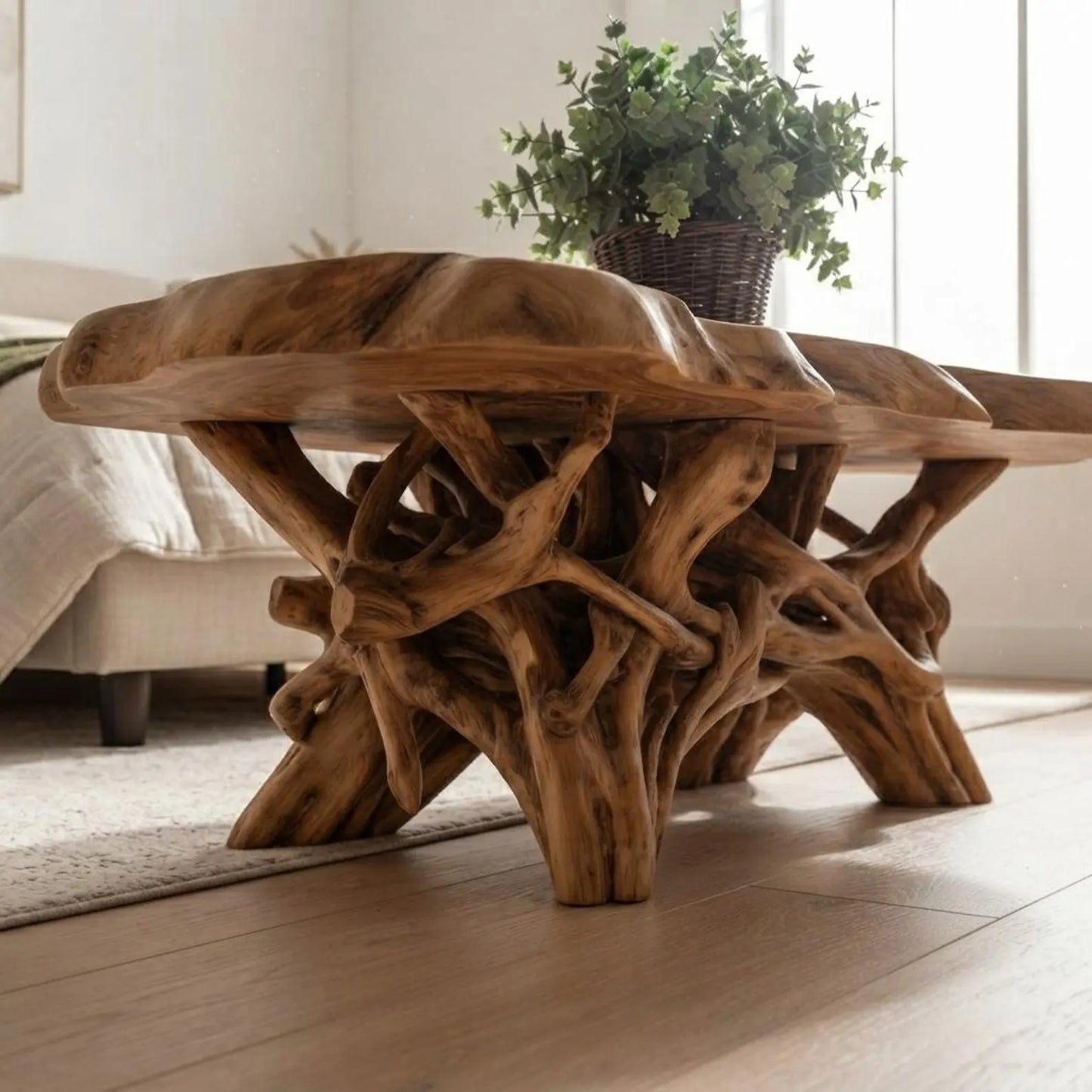 Handcrafted Live Edge Teak Root Coffee Table, Organic Boho Living Room Furniture