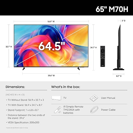 Samsung 65-Inch Class M70H Series, Mini LED, 4K, Smart TV, 2026 Model