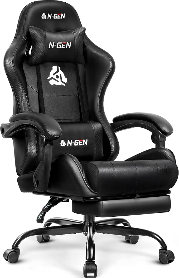 N-GEN GAMING Gaming Chair with Footrest, Lumbar, High-Back, All Black