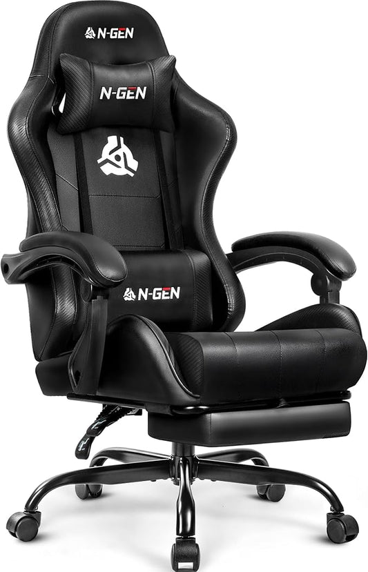 N-GEN GAMING Gaming Chair with Footrest, Lumbar, High-Back, All Black