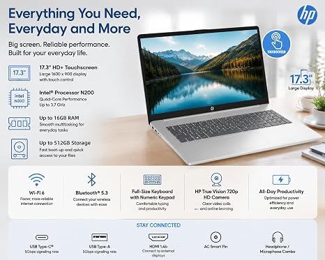 HP 17.3" Touchscreen Laptop, Quad-Core Intel Processor N200, 16GB RAM, 256GB SSD, Large Screen, Windows 11, Numeric Keypad, WiFi 6 & Bluetooth 5.3, for Home & Office