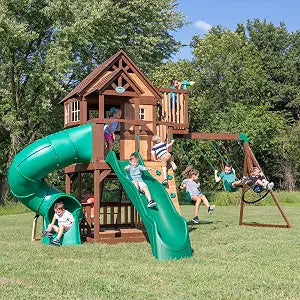 Backyard Discovery Skyfort All Cedar Swing Set, Elevated Covered Wood Roof Clubhouse with Bay Windows, 2 Belt Swings, Web Swing, 10ft Wave Slide, 5 ft Tube Slide, Covered Picnic Table, 5 ft Rock Wall
