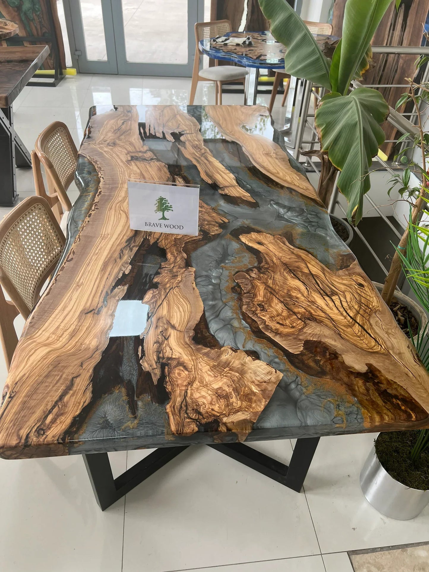 Custom Olive Wood Epoxy Resin Dining Table: Live Edge River Table