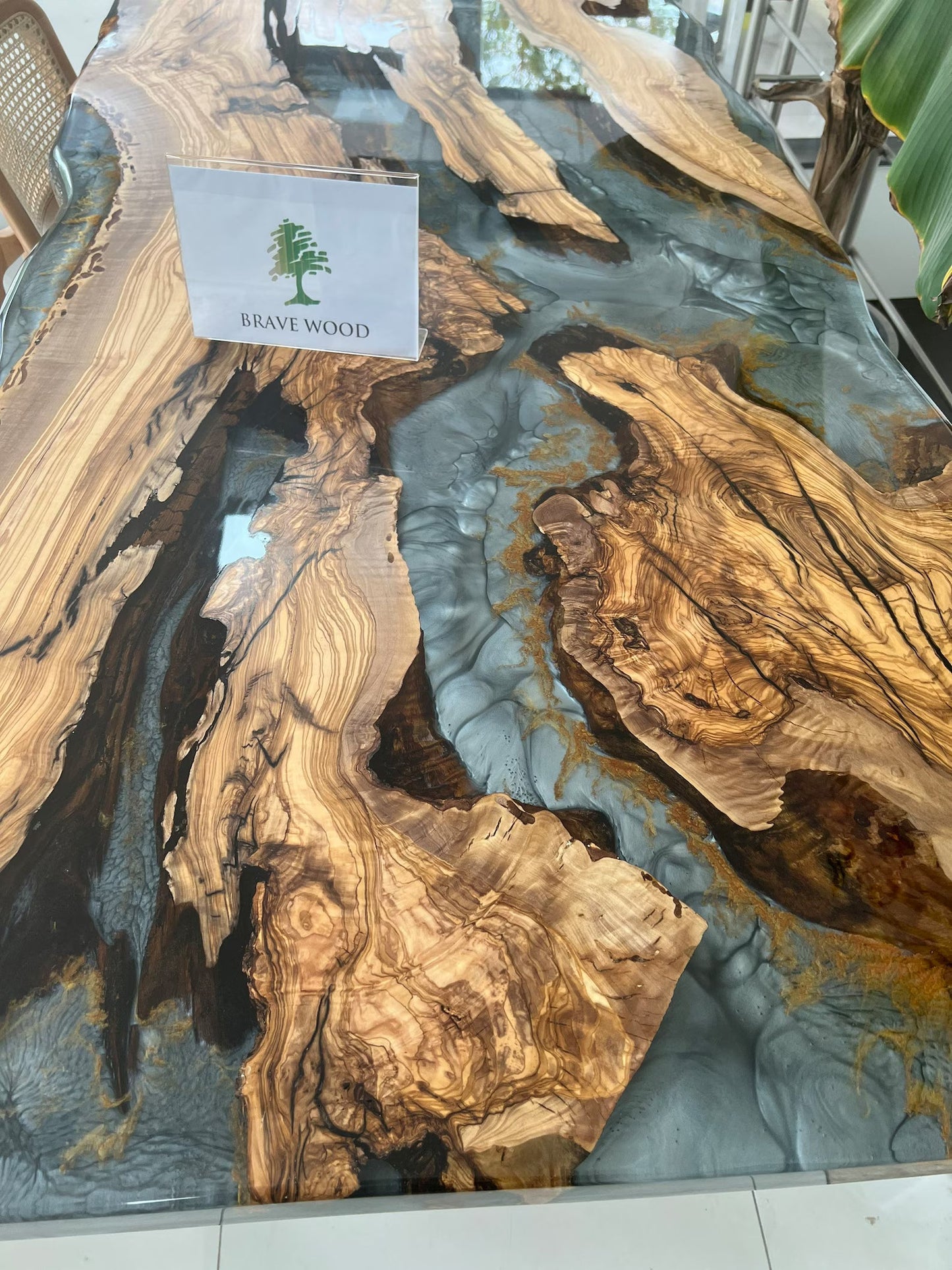 Custom Olive Wood Epoxy Resin Dining Table: Live Edge River Table