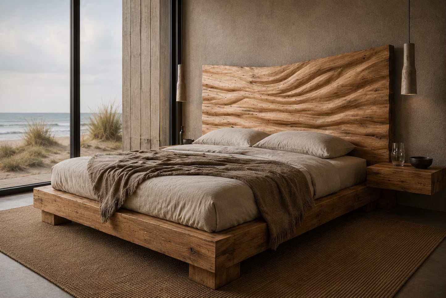 Luxury Solid Oak Bed Frame | Hand Carved Flow Headboard | Handmade Wooden Platform Bed