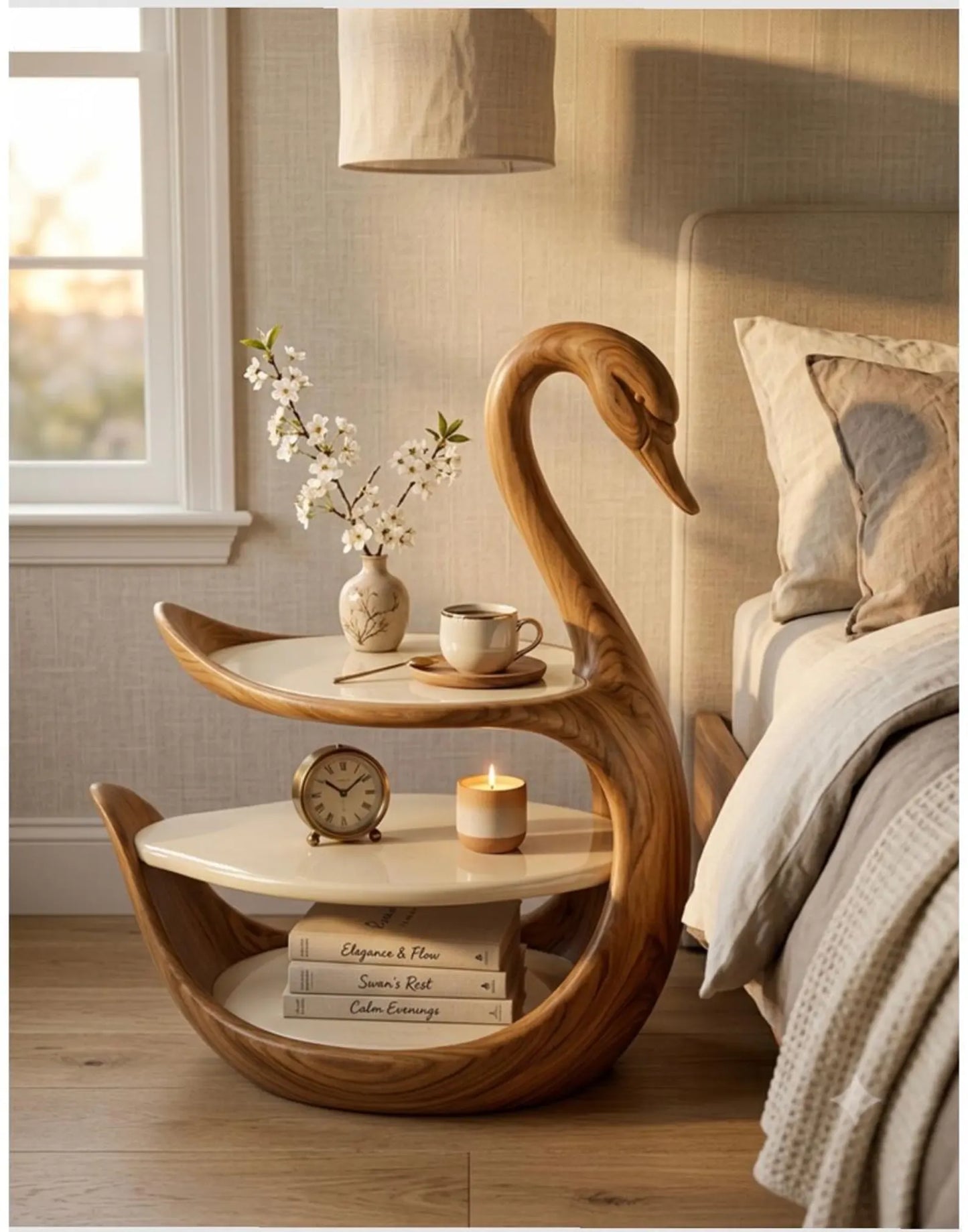 Handcrafted Wooden Swan Side Table | Sculptural Accent Furniture, Walnut Finish
