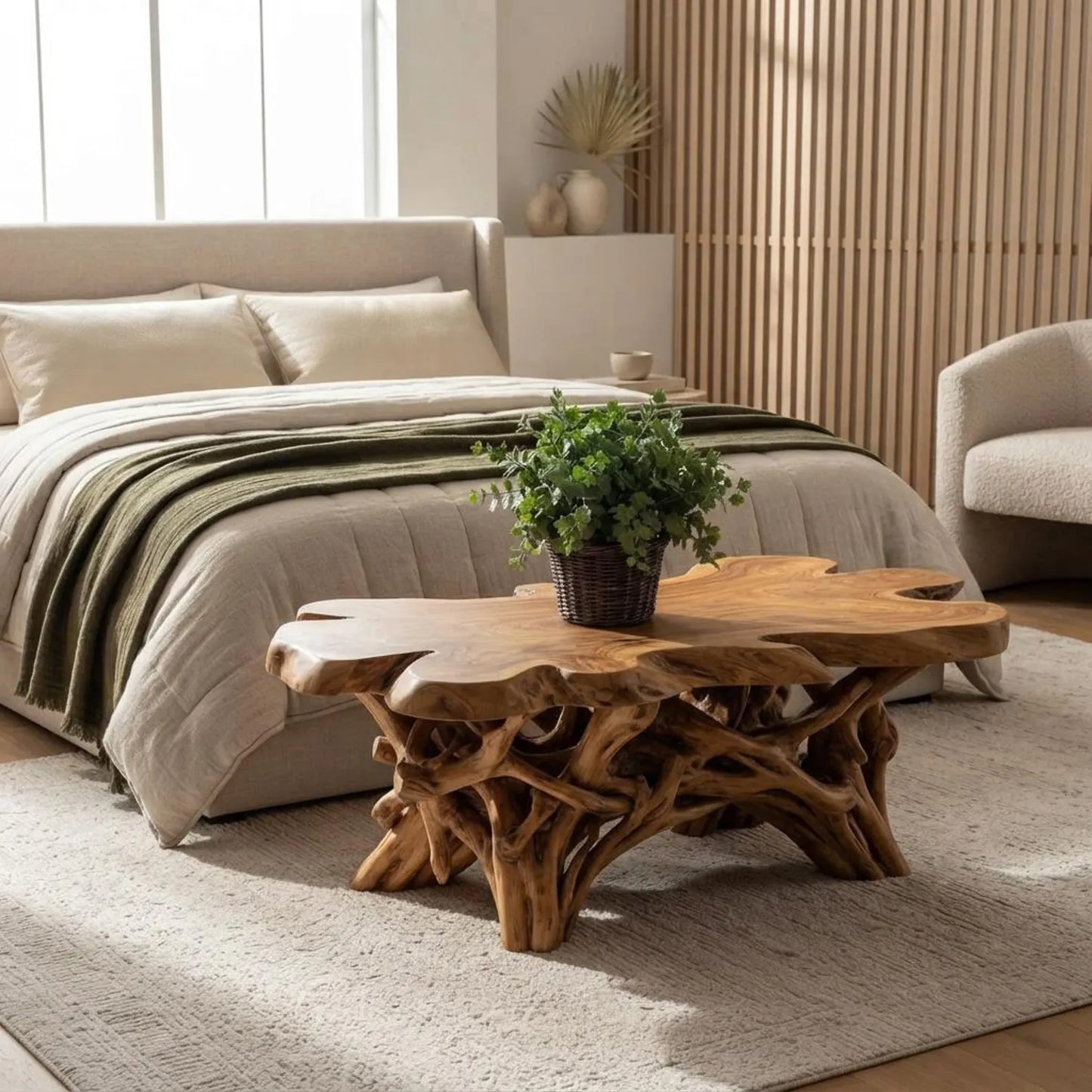 Handcrafted Live Edge Teak Root Coffee Table, Organic Boho Living Room Furniture