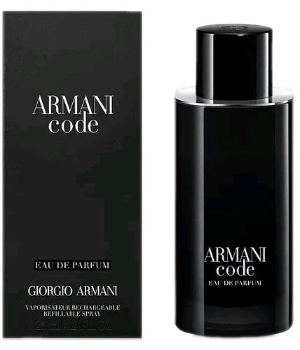 Giorgio Armani Code Eau de Parfum refillable spray bottle next to its black packaging box, featuring white text on a clean white background.
